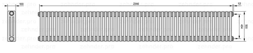 Схема (чертеж) Радиатор Zehnder Charleston 3050/51 №7610 Белый глянцевый RAL 9016